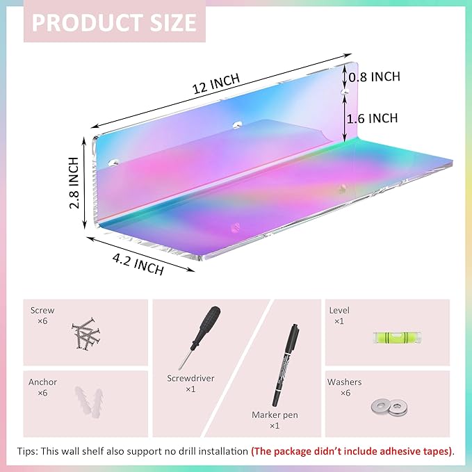 Sezanrpt 12 Inches Iridescent Wall Shelves, Moisture-Proof, Acrylic Bathroom Wall Shelves, Clear Floating Shelves for Bathroom, Bedroom, Living Room, Retail, 2 Pack