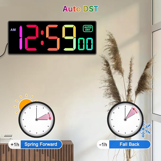 Soobest Digital Wall Clock with Remote Countdown Electrical Timer Seconds for Gym Living Room Office Classroom, 8 RGB Colors, Auto DST, Corded Plug in Large Display 5 Dimmer (10.2" Multicolor)