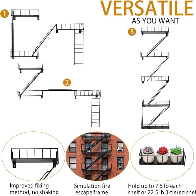 Zonon Fire Escape Wall Shelf Hanging Metal Ladder Shelves Wall Decor Cool Bookshelf Organizer Floating Shelves Action Figure Shelf for Home Bedroom Storage Display(Black,5 Tier)
