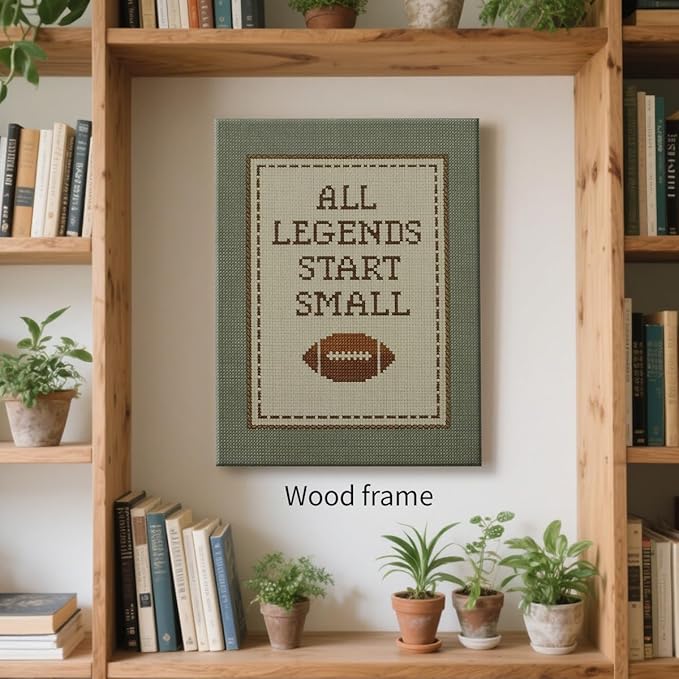 Positive Affirmations Wall Art Boys Sports Football Canvas Poster All Legends Start Small Motivational Quote Prints for Nursery Room Wall Decor 08x10 inch Wood Framed