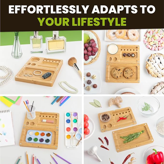 Foldable Bamboo Tray with Magnetic Lid - Durable, Easy to Clean - Portable, Perfect for Home Storage or Travel, Decorative-Tray - Gifts for Him - 8.5" x 5"