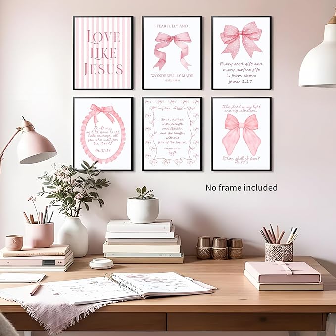 3 Piece Pink Bows Wall Art for Girls Room, Bible Verse Pictures Bathroom Decor, Coquette Posters Prints, Cute Teen Room Decoration, Dorm Decor for College, College Gifts for Girls 8x10 Inch