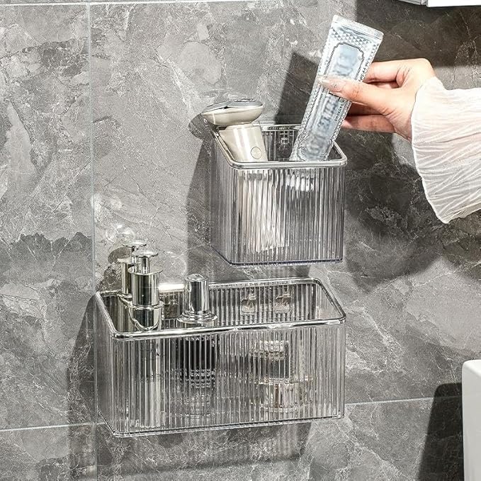 Floating Shelves | Space-Saving Floating Organizer for Kitchen, Bathroom & Office | Plastic Storage Shelves for Makeup & Home Decor (Transparent and Silver)
