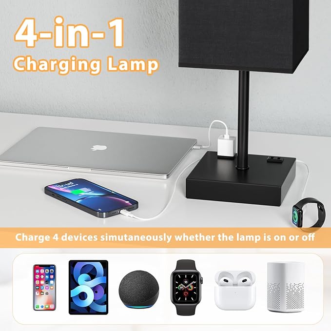 PLUS Black Bedside Lamp for Nightstand - Touch Table Lamp With Type C + A and AC Outlet, Square Charging Lamps For Bedroom Decor, Small Night Light For Office, Dorm Lamp For Men, E26 Bulb Included