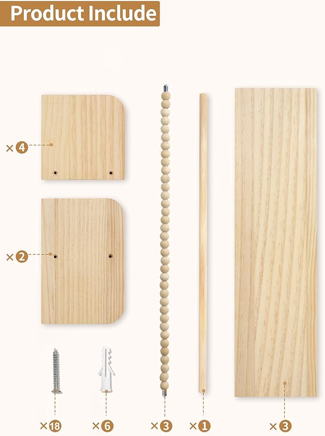 Maxpeuvon Nursery Floating Shelves for Wall, Set of 3 Book Shelves Natural Wood Wall Mounted Organizer with Towel Bar Hanging Bookshelves Nursery Decor for Kids Room, Bedroom and Kitchen