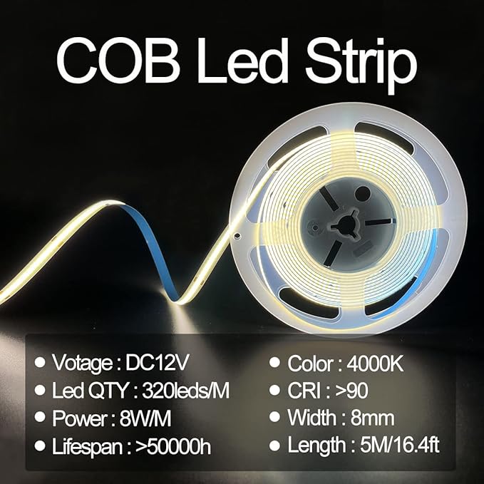 HAMRVL COB LED Strip Lights Natural White 4000K, DC12V 16.4ft/5M 320leds/M CRI90 Flexible LED Tape 8mm, for Indoor Home Cabinet, Bedroom, Kitchen, Stage, Backlight DIY Lighting (Without Power Supply)