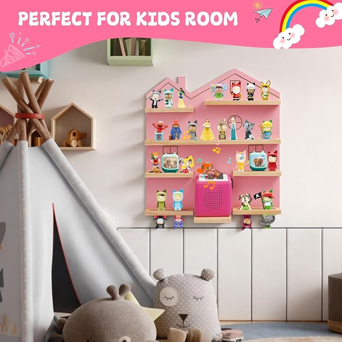Gieanoo Large Tonie Shelf for Toniebox,for Toniesbox 1 and Toniebox 2 Tonie Shelf Wall Mounted Magnetic Pine Wooden Floating Shelves Compatible with Tonie Box Player Tonie Figures Storage(Pink)
