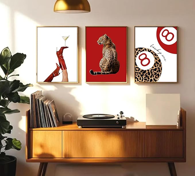 3Pcs Trendy Leopard Wall Art Preppy Funky Red Boot Martini 8 Ball Wall Decor Pictures Vintage Feminism Aesthetic Cheetah Canvas Poster Prints for Girly Bedroom Apartment Dorm Decoration 12X16Unframed