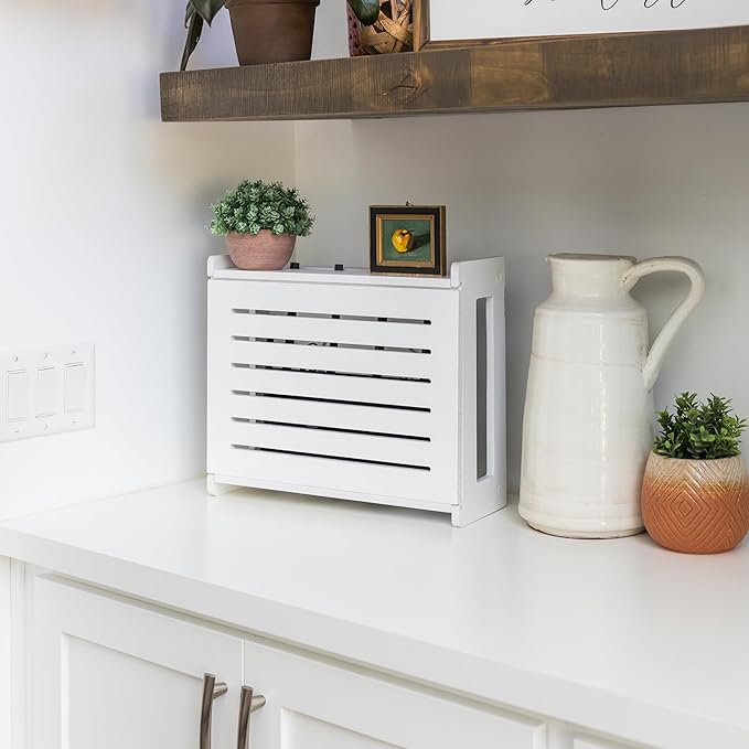 Wooden WiFi Router Storage Box - Standard Wall Mountable Decorative Modem Shelf Hider Cover with Cable Management System - Rustic Home Organization Solution for Most Routers Up To 11" Tall - White