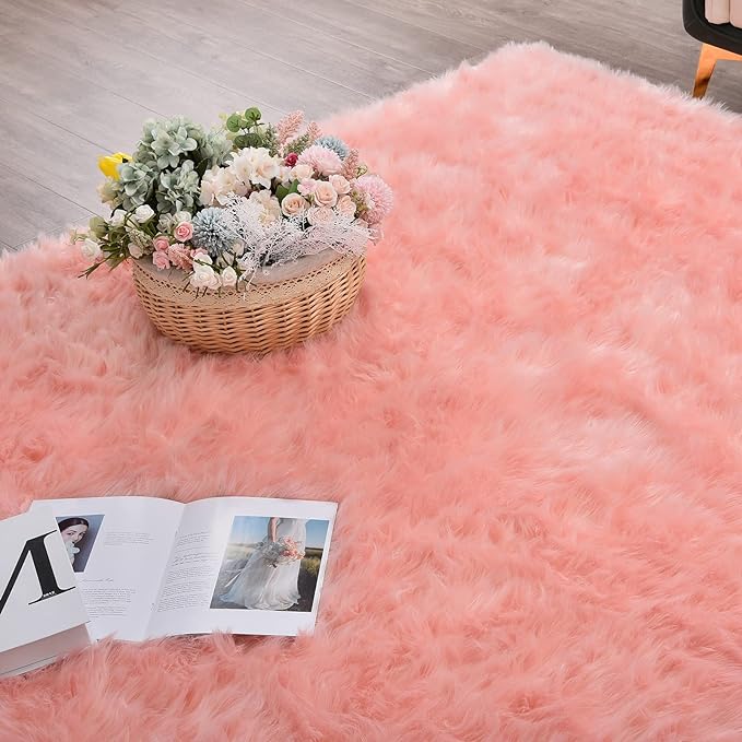 ORINOVA Pink Shag Washable 5x7 Area Rugs for Living Room Big Fluffy Sheepskin Fur Rug for Bedroom Shaggy Nursery Rug