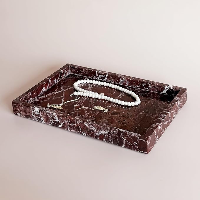 Natural Marble Vanity Tray, Cosmetics Towel Tray for Dresser Bathroom Kitchen (Rosa Levanto, 11.8L x 7.87W x 1.18H)