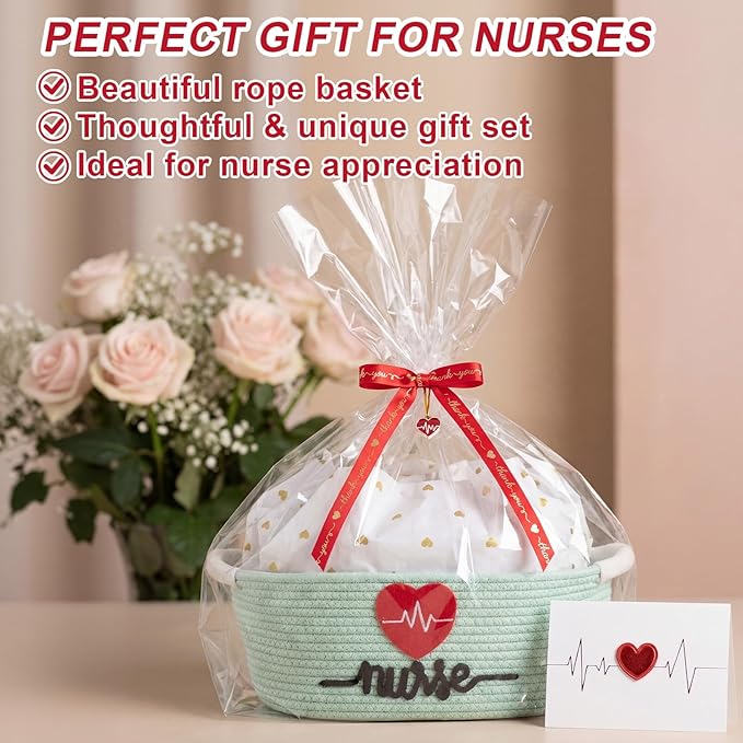 Colingmill 2026 Graduations & Nurses Week Gift Basket Empty to Fill, Woven Rope Basket 15" x 11" x 6" Decorative Storage Baskets with Gift Bag, Bow, Tissue Paper & Year Charm(Mint Green)