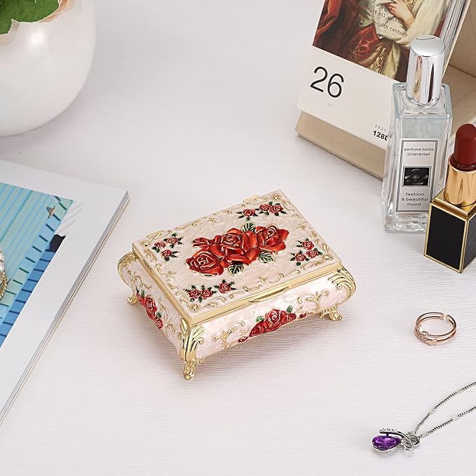 Hipiwe Vintage Metal Jewelry Box Small Treasure Chest Case Trinket Organizer Earrings Necklace Bracelet Storage Box Ring Box Holder Keepsake Box for Women