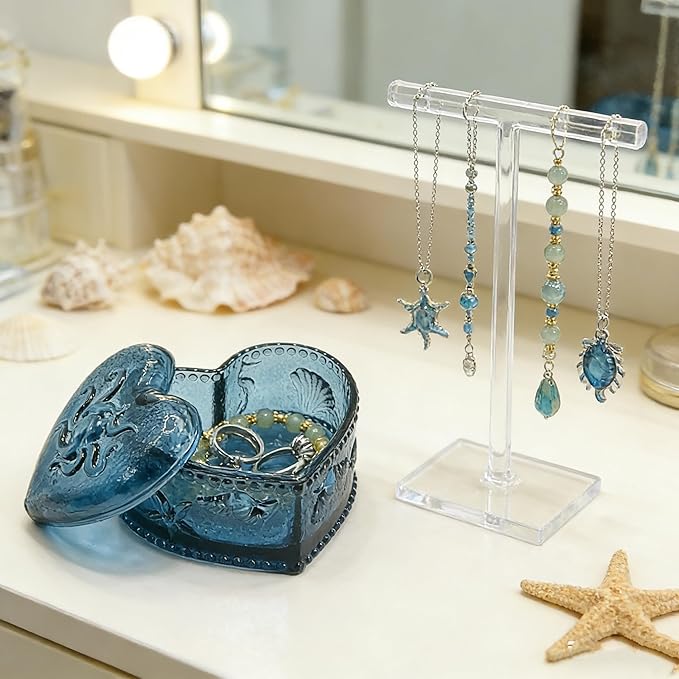 Glass Jewelry Box Heart Shape Cute Box for Storage Ring Earring Trinket Vintage Jewelry Organizer Decorative Gift for Women Girls-GRB021-Navy