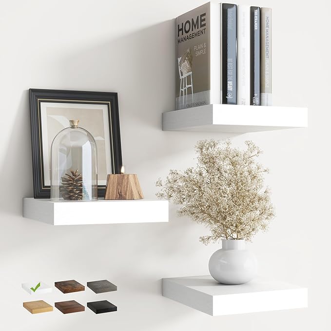 8 Inch Floating Shelves for Wall with Invisible Brackets Set of 3, 8"D Engineered Wood Wall Shelves with Wood Grain for Living Room, Bedroom, Bathroom, Kitchen Decor and Storage, White Finish
