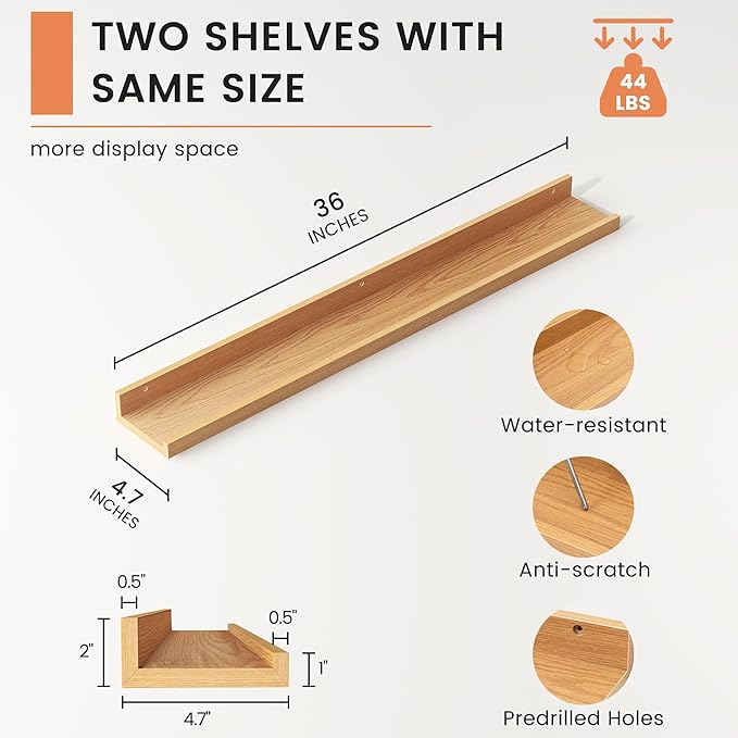 Picture Ledge Shelf, Floating Shelves Set of 2, 36 Inches Nursery Book Shelves for Toys Storage, Kids Bookshelf Wall Mounted for Living Room Bedroom Decor Books Photo Frames, Natural Oak