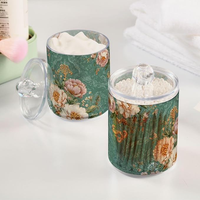 2 Pack Apothecary Jars Floral Motif Collection Green Bathroom Vanity Storage Organizer Set,Small Clear Plastic Storage Jars Bathroom Canister for Cotton Swabs, Rounds, Balls, Qtips,Makeup Spong