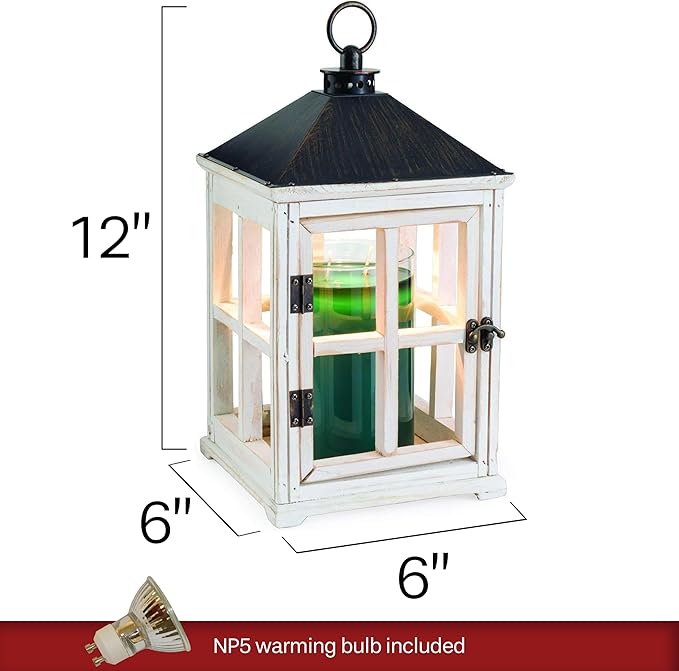 Candle Warmers Etc. White Wooden Farmhouse Lantern – for Top-Down Warming & Flame-Free Fragrance