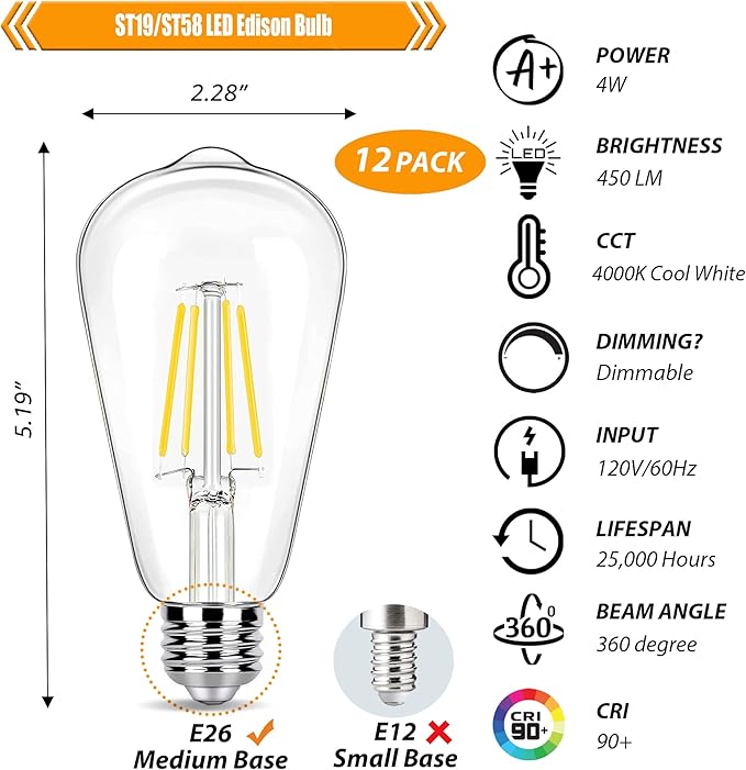 12 Pack 4000K Cool White Dimmable LED Light Bulbs 40W Equivalent, E26 Base Edison Bulbs 40 Watt, Vintage 4W LED Bulbs, Decorative ST19 Bulbs for Ceiling Light Fixtures