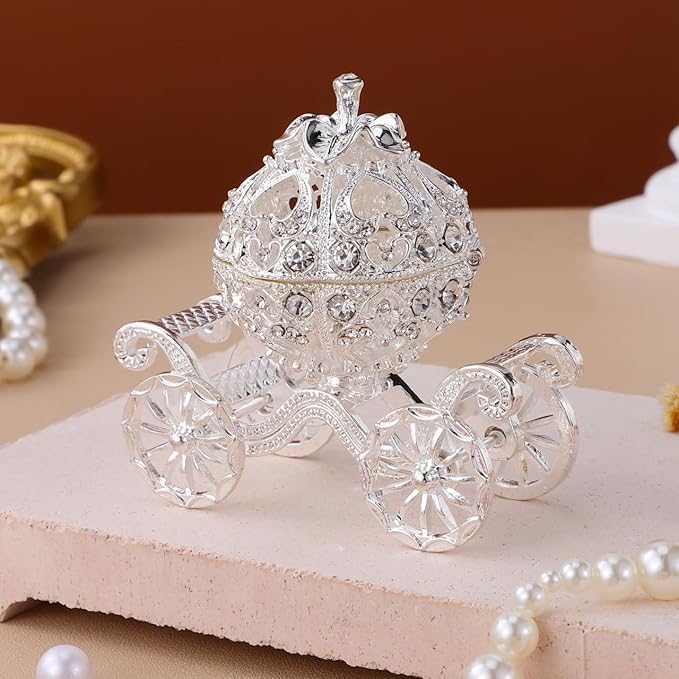 Ipetboom Rhinestone Trinket Box - 1pc Silver Pumpkin Carriage Princess Crystal Jewelry Box Alloy Pumpkin Cart Ornaments Display Holder Organizer for Accessories Cosmetics - 3.14x2.95x1.97in