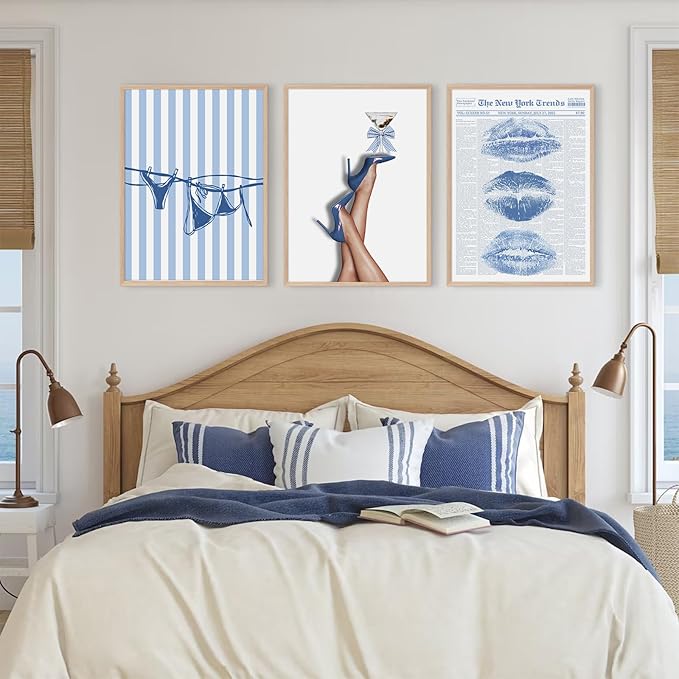 Blue Coquette Wall Art Decor Preppy Trendy Aesthetic Posters Funky Retro Y2k Canvas Wall Art Decor Blue Bow Bikini Lips Prints Girly Room Artwork for Dorm Bedroom 12x16 Inch Unframed Set of 3