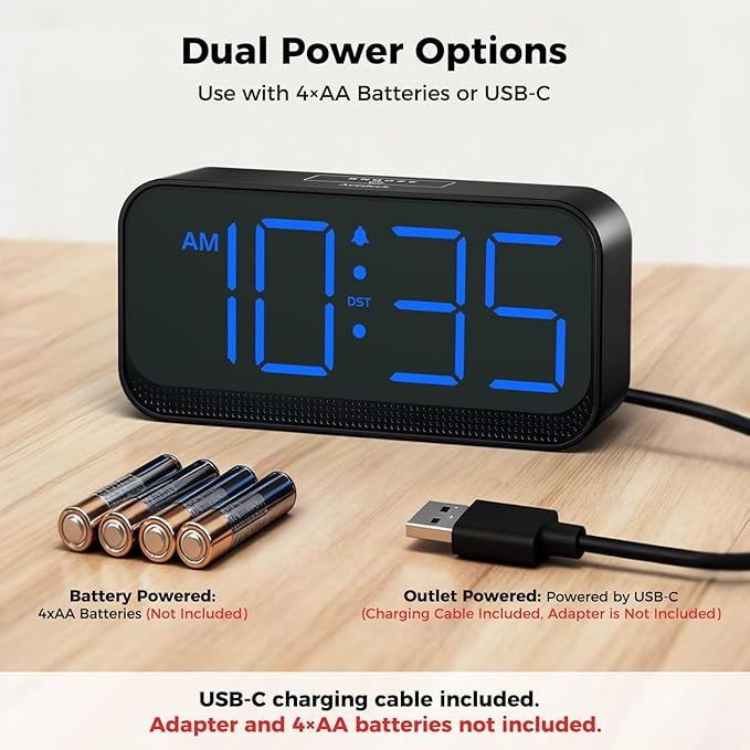 Acedeck Battery Operated Digital Clock: Cordless Small Alarm Clock for Bedroom Travel - Large Numbers 4 Dimmers for All Ages Blue Digits