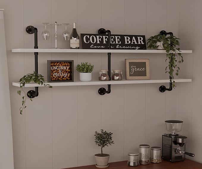 HDDFER Industrial Pipe Shelving Rustic White Pipe Wall Shelves Industrial Shelves with Wood Planks Floating Shelves 60 Inch Farmhouse Bathroom,Kitchen Shelving Wall Mounted