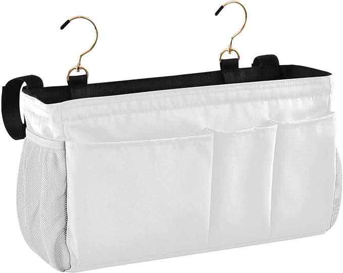 White Bedside Caddy Storage Bag Bedside Organizer for Bunk Bed Headboards College Hanging Storage Organizer 6 Pockets with Hooks for Drinks Magazine Phone Holder