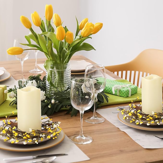 Daifunli 2 Pcs Spring Country Primitive Yellow Pip Berry with Rusty Tin Stars Candle Ring Vintage Pip Berries Wreaths for Pillar 3.9 Inch Candles Holder for Spring Easter Rustic Table Centerpiece Deco
