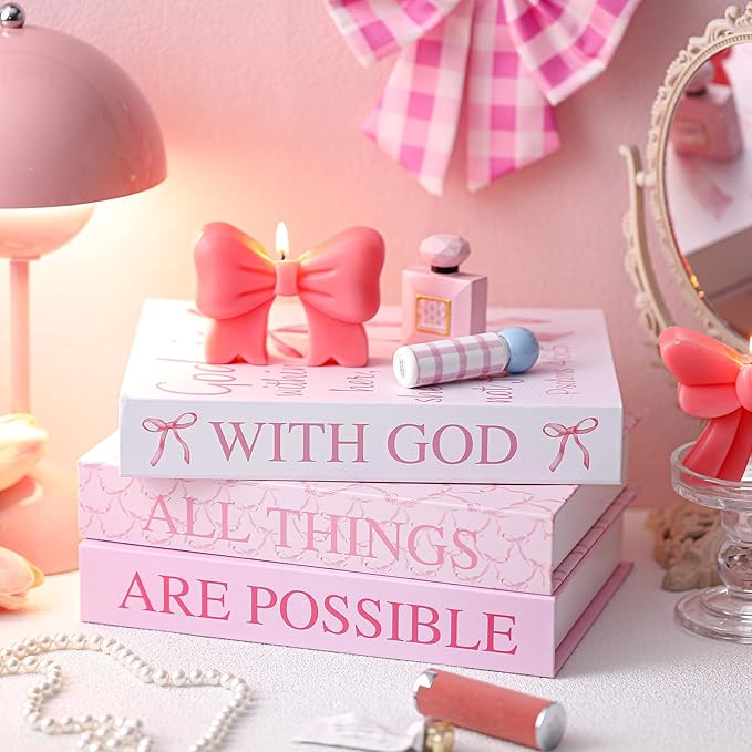 Beeveer 3 Pcs Pink Bow Decorative Books with Bible Verses for Coquette Room Decor Christian Preppy Fake Books with God All Things Are Possible Magnetic Storage Box for Girly Bookshelf School Christmas