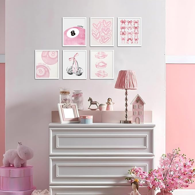Cute Pink Girl Poster Set of 6, Light Pink Coquette Wall Art Trendy Lucky 8 Ball Wall Decor Paintings Pastel College Apartment Bedroom Living Room Dorm 12x16 inch Unframed