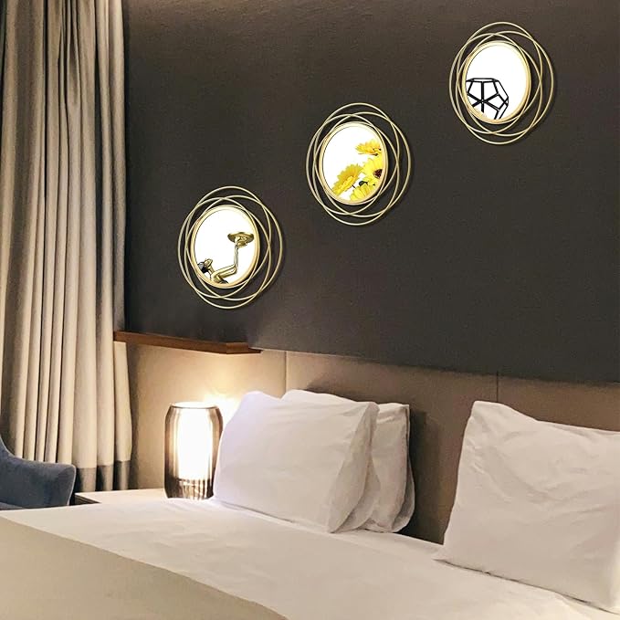 3 Set 9.5 Inch Gold Circle Mirrors Wall Decor Iron Frame Wire Mirror Metal Circular Mirror Home Decor Hanging Mirrors for Room/Bedroom/Bathroom/Entryway