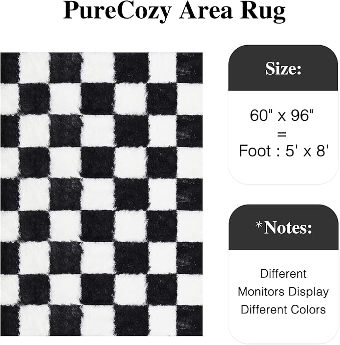 PureCozy Checkered Rug 5x8 for Living Room, Black and White Modern Shag Rugs Super Soft Washable Indoor Office Fuzzy Carpet Non-Slip Fluffy Rugs for Bedroom Home Aesthetic Decor