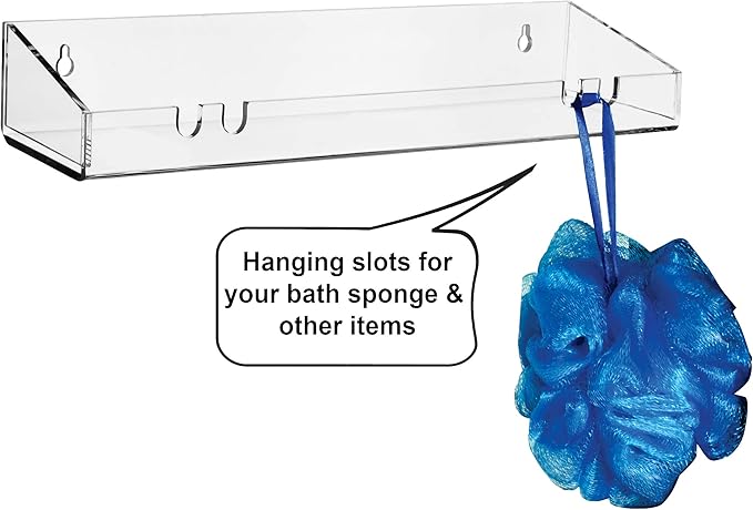 AMT 2 Pack Acrylic Floating Shelves, 15" L x 4" W, Clear Bathroom Wall Shelf, Bookshelves, Invisible Display for Office, Bedroom, Hanging Slots for Bath Sponge & Others Items, Free Screws & Drill Bit