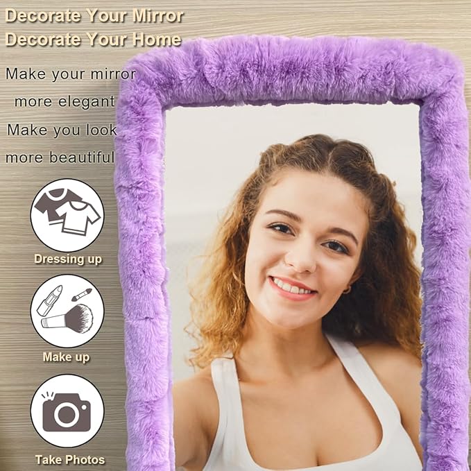 Fluffy Mirror Cover - 59"x16" Full Length Ultra Soft Non-Slip Cover Universal Stretch Cover Warm Home Decor for Bedroom Cloakroom (Purple-Without Mirror)