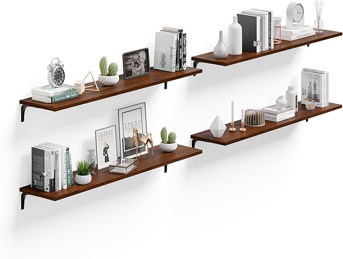 12 Inch Deep Floating Shelves Set of 4, 48 Inch Extra Wide Walnut Solid Wood Wall Shelves, 4ft Heavy Duty Farmhouse Wall Mounted Shelving for Kitchen, Living Room & Bedroom