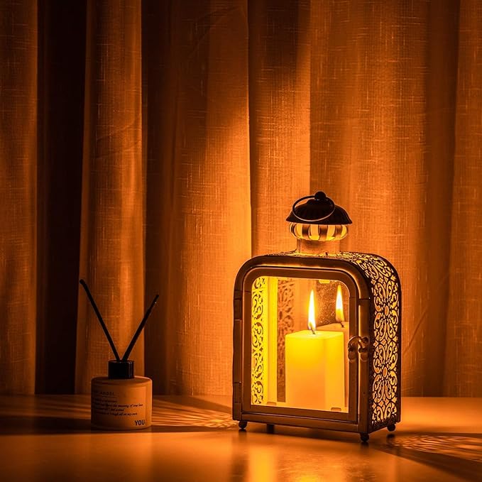 DECORKEY Candle Lantern Decorative Indoor & Outdoor, Vintage Metal Lanterns with Clear Glass, Tabletop&Hanging Candle Holders for Patio Front Porch Home Decor, Halloween Christmas Decorations (White)
