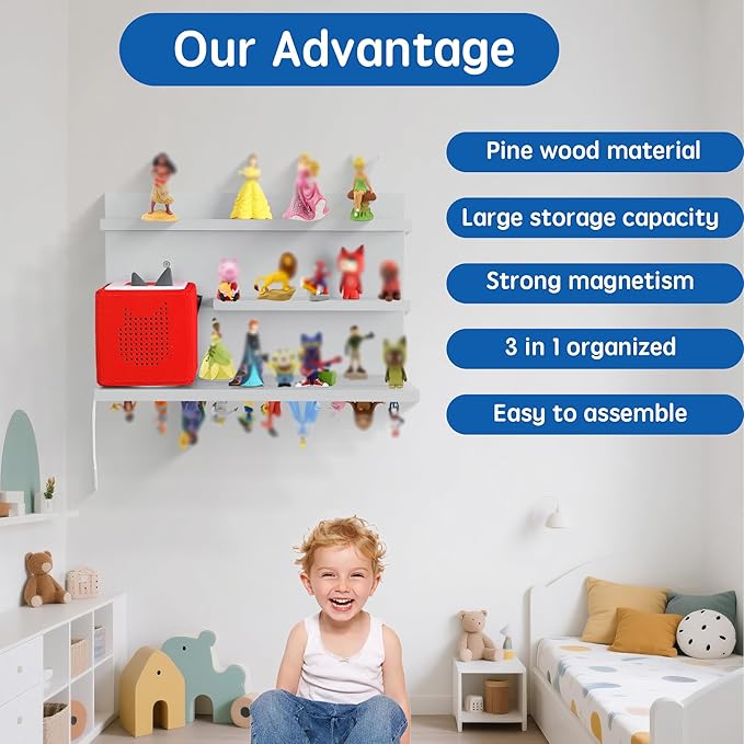 PHOENANCEE for Tonies Shelf Magnetic,for Toniebox Figures Storage Display Shelf (40-48 Character),Wall Floating Shelves,Compatible Charging Station for Children Kid's Room,Pine,3 Tier(Gray White)