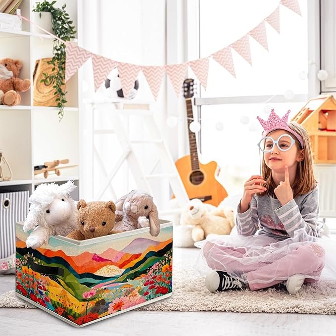 Abstract Maximalist Floral Mountain Storage Bin Box with Handles, Modern Vibrant Wildflower Foldable Organizer Basket Toybox for Girls Room Bedroom Bathroom Clothes Toys Books