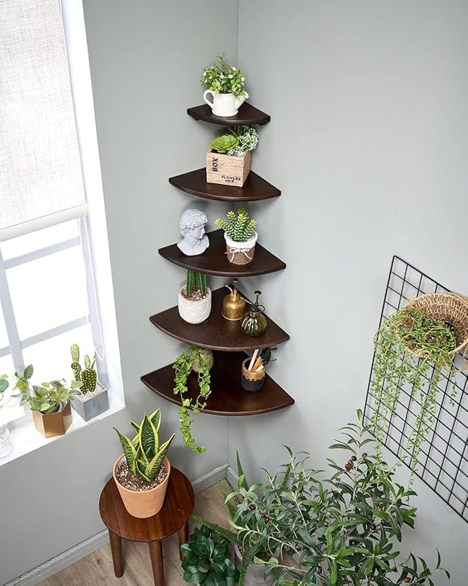 Corner Shelves, Floating Corner Shelf, Set of 2 7inch Solid Oak Wood Corner Wall Shelves, Round End with Wire Hole for Small Plant for Bedroom Kitchen, Living Room