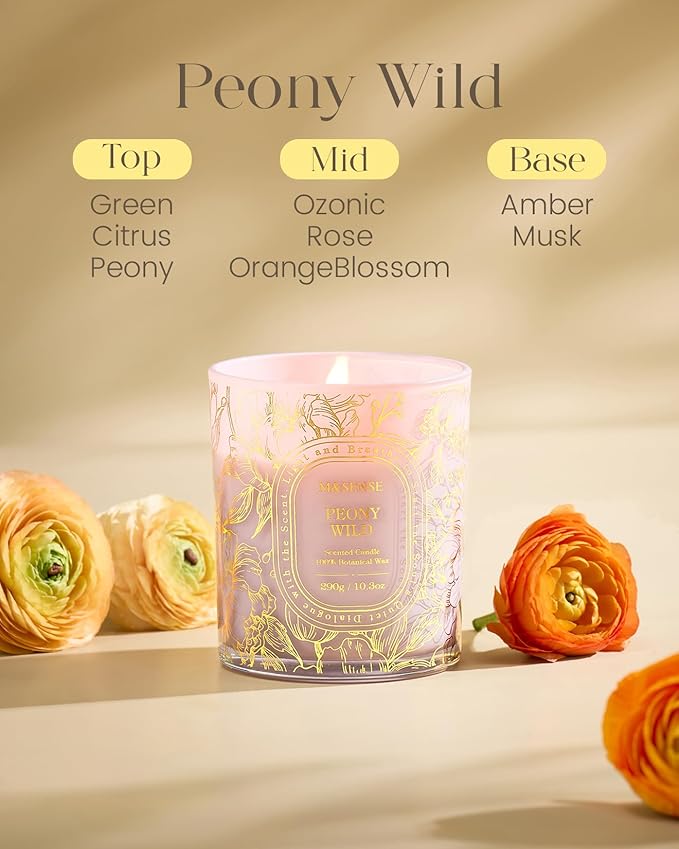 M&SENSE Wild Peony Scented Candle, Soy Wax Clean, Non-Toxic Burn, 55 Hours Long Burning 10.3oz, Elegant Romantic Floral Aroma for Home Scented Candles, Housewarming Gifts for Women