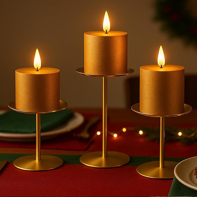 smtyle Gold Metal Candle Holder Sets for Pillar Candles Set of 3 Wedding Table Centerpiece Candle Holders, Minimalist Farmhouse Decor for Fireplace Mantel & Dining Room