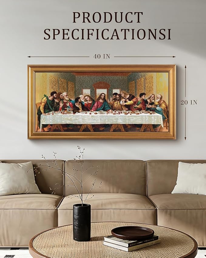 Bzstyleart Vintage Wall Art Decor for Living Room, Framed Large Christian Canvas Wall Art Prints for Prayer, Christian Artwork Jesus Painting, Religious Picture Home Decor, Last Supper, 20 x 40 Inch