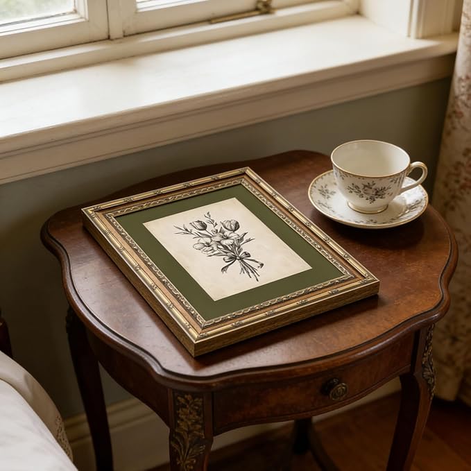 Gold Framed Wall Art Vintage Flower Sketch Wall Art Antique Sage Green Botanical Wall Decor Picture Dark Green Floral Drawing Poster Print for Bedroom Living Room 12x16in