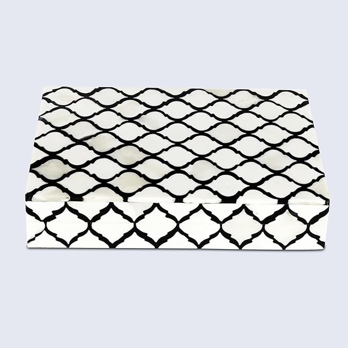 Handicrafts Home Handmade Moroccan Pattern Inspired Decorative Box - Small Storage Organizer for Neck Chains, Watches, Memory Keepsakes - Boho Style Treasure Box, Multipurpose Gift - B&W, 7x10x1.5