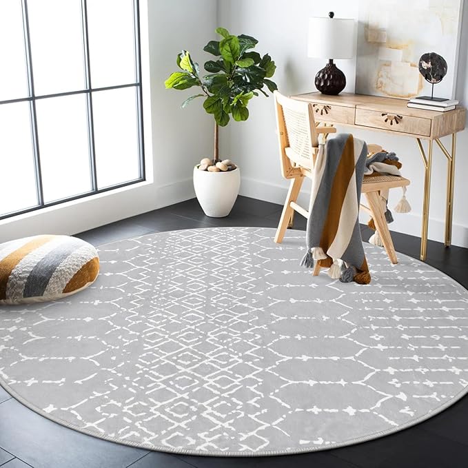 Lahome Moroccan 5Ft Round Rug Machine Washable Round Bedroom Carpet Grey Non-Slip Throw Circle Rugs for Living Room Low-Pile Large Round Rug, Modern Geometric Print Carpet for Office Dining Room Hana