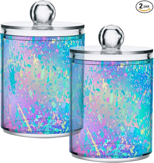 2 Pack Qtip Holder Dispenser for Cotton Ball Rainbow Grid Marble Cotton Swab Round Pads Clear Plastic Acrylic Jar Set Bathroom Canister