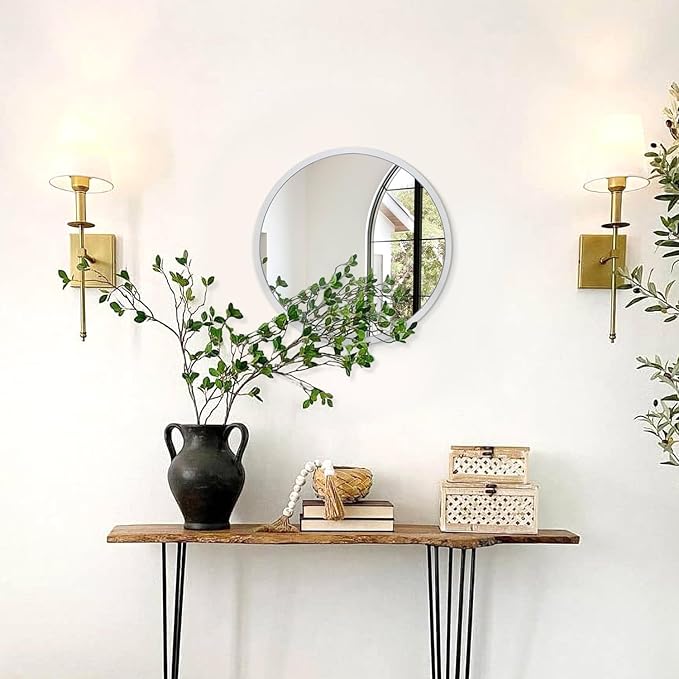 JJUUYOU Round Wall Mirror Circular Mirror for Bathroom Sliver Mirrors Silver Vanity Hanging Metal Frame Small Make up Mirror for Living Room Bedroom Dorm Entryway and More