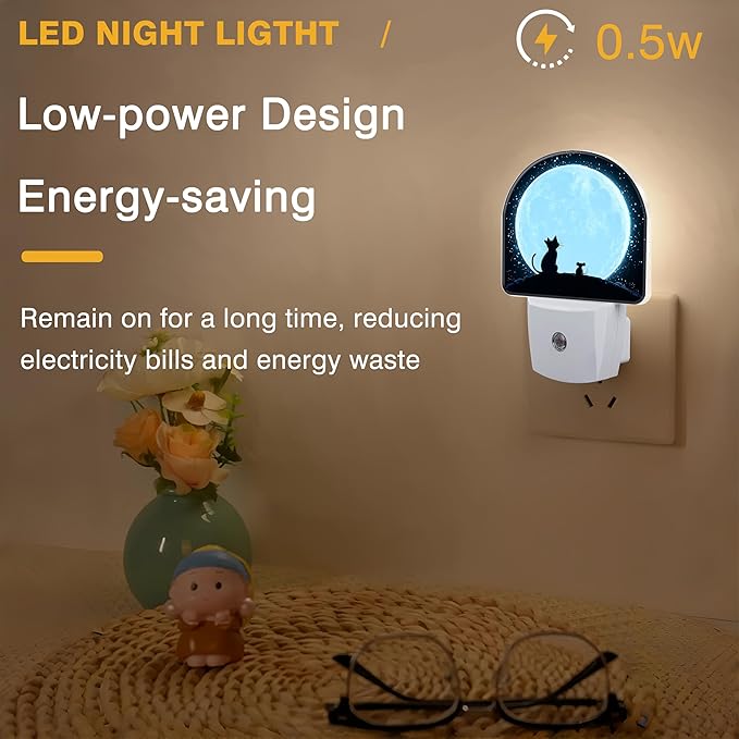 Night Light, Cat and Mouse Sit on Moon Night Lights Plug into Wall Dusk to Dawn Sensor Round Nightlight for Women Men Energy Efficient Led Lamp 0.5W for Stairway Hallway Bedroom
