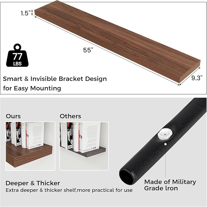 Venusmiles Floating Shelves for Wall, Engineered Wood Wall Shelves with Invisible Brackets for Living Room Bedroom Bathroom Office Kitchen Decor and Storage (Walnut, 55" W x 9" D x 1.5" H) Set of 1